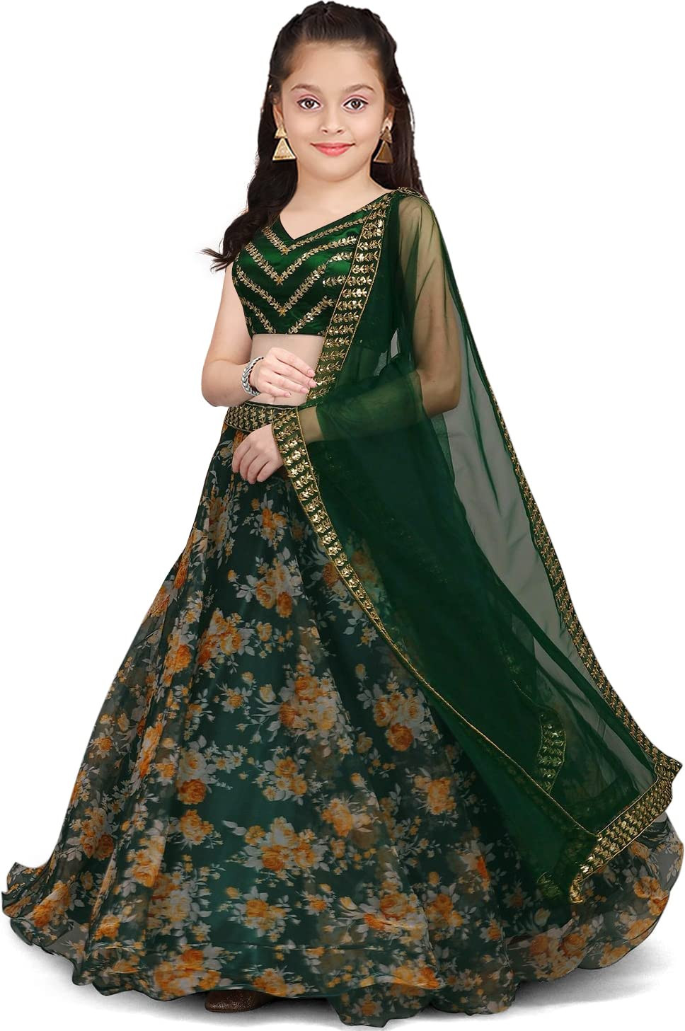 SPO157-KEDARFAB Girl's Organza Floral Printed Readymade Lehenga Choli With Dupatta Set