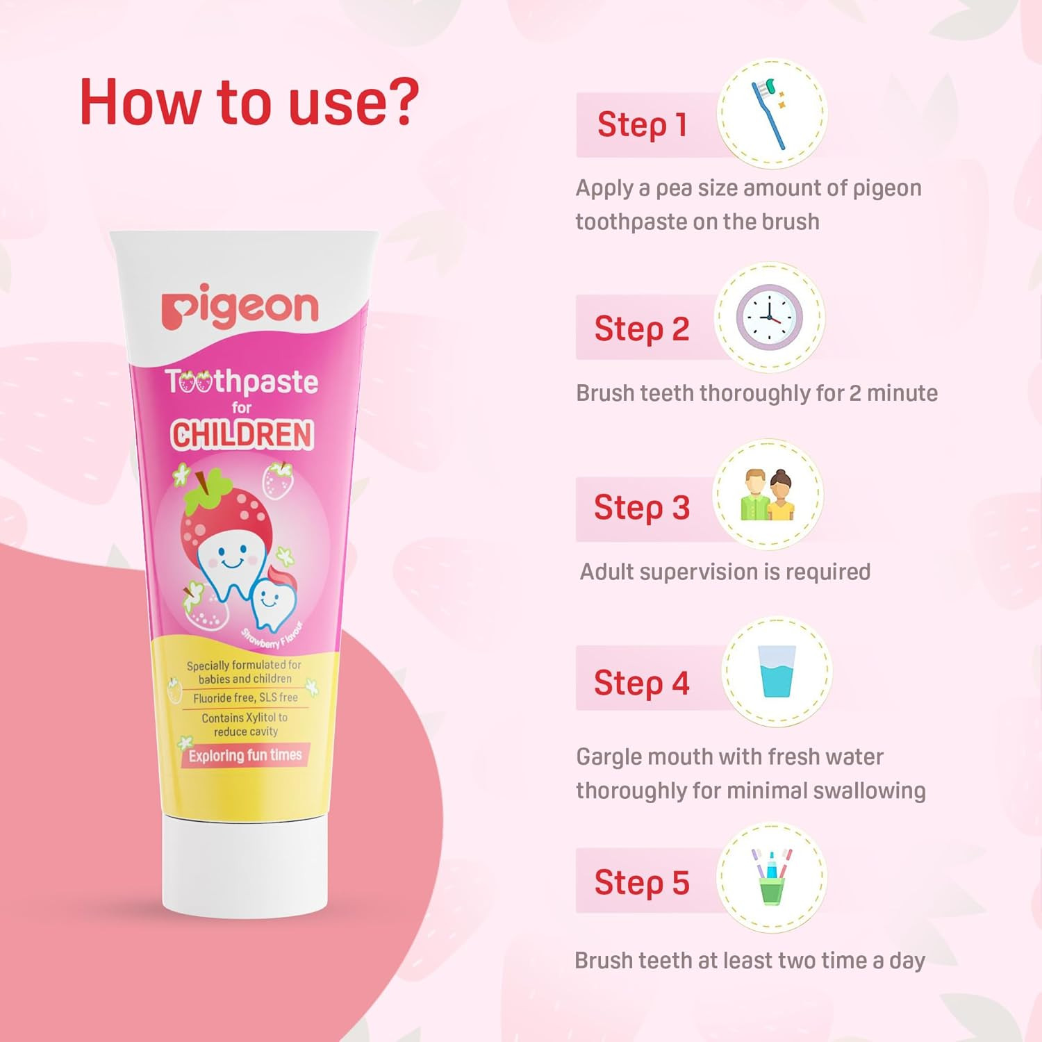 Pigeon Strawberry Flavor Toothpaste – Gentle, Specially Formulated for babies & Children, Fluoride Free & SLS Free - 45 g Each (Pack of 2)