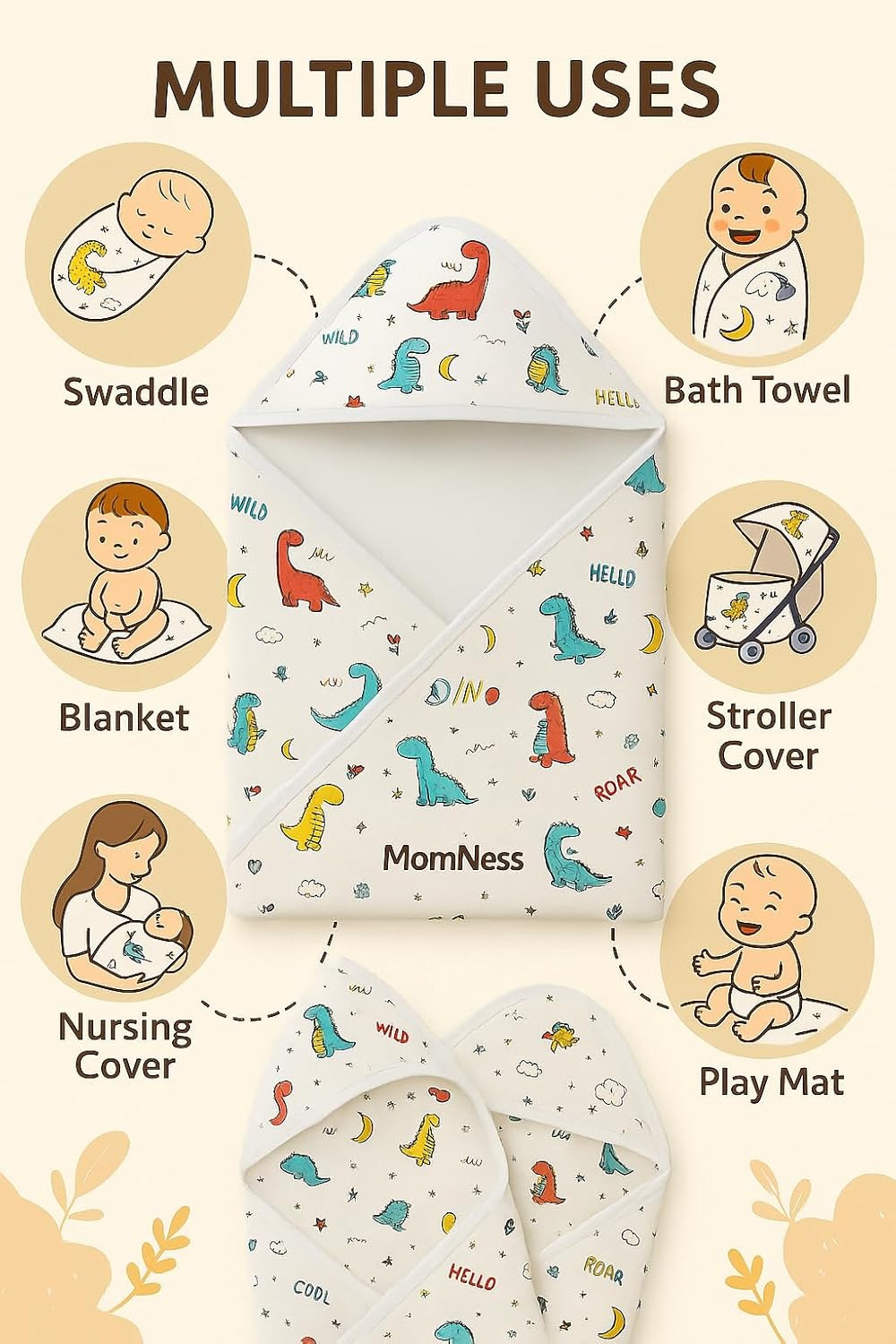 Click to see full view Baby Hooded Wrapper for Newborn, 100% Muslin Cotton Hooded Towel & Blanket, 75×75 cm Double Layer, Ultra Soft & Absorbent Bath Towel for Infants & Toddler, Natural Dyes, Pack of 1 (Dino)