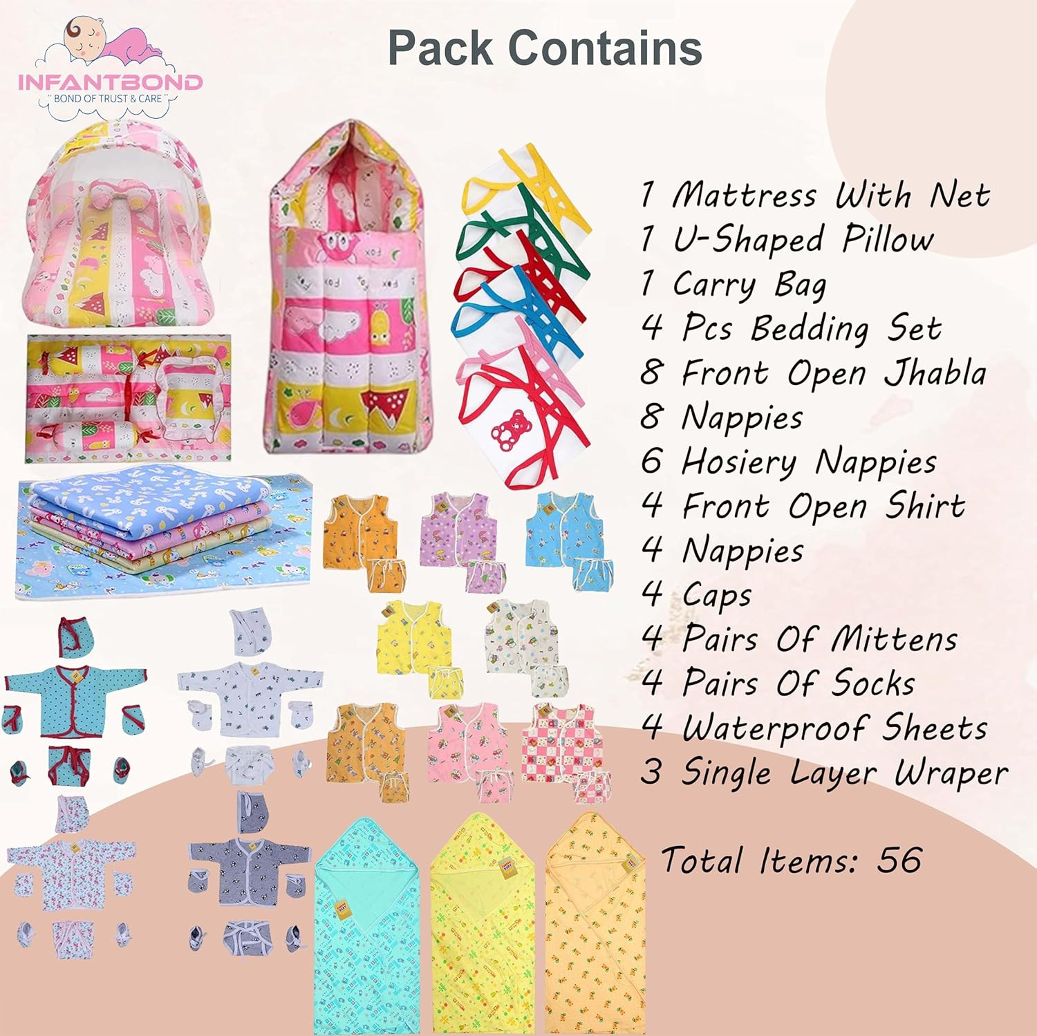 Infantbond 56 in 1 New Born Baby Essentials | Gift for Baby | Hospital Essentials | New Born Combo(0-6 Months) (Pink Fox)