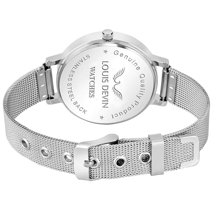 LOUIS DEVIN LD-L144-BLU-CH Mesh Blue Dial Silver Band Stainless Steel Chain Analog Wrist Watch for Women