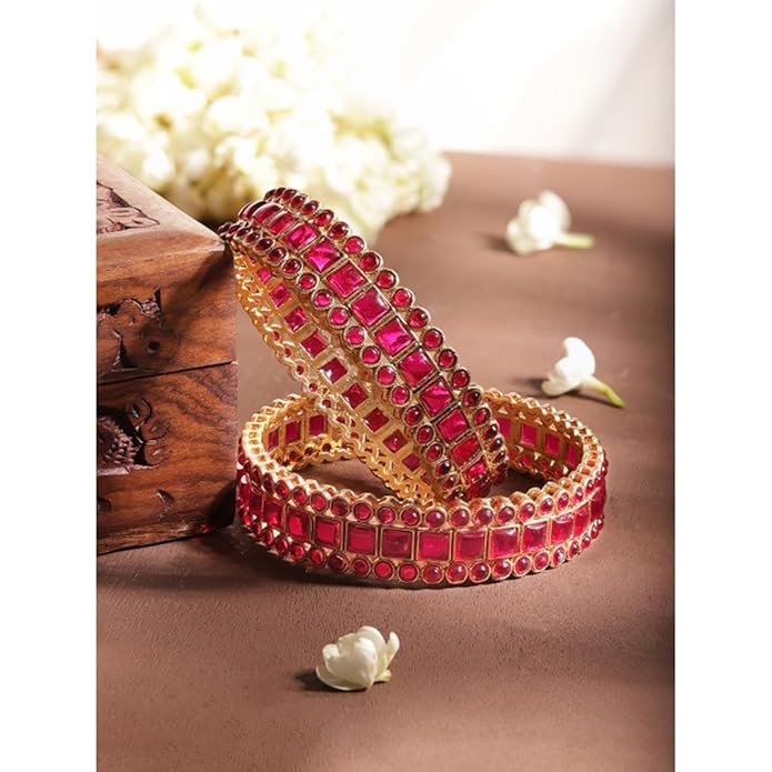 Rubans Set of 2 Gold Plated Pink Crystal Kemp Stones Studded Premium Bangles