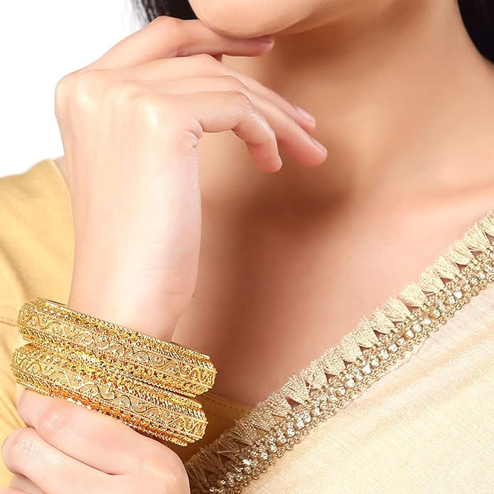 ZENEME Bangle Gold Plated American Studded Royal Style Broad Golden Antique Kada Bangle Jewellery Combo Of 2 For Girls & Women