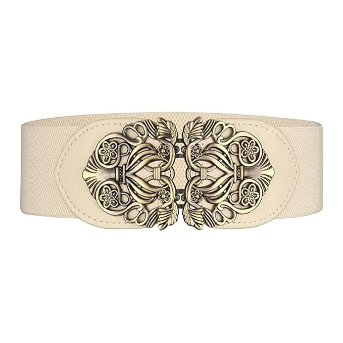 SYGA Women’s PU Leather Cinch Belt with Vintage Floral Metal Buckle Waist Belt, Stretchable Waistband for Dresses and Sarees