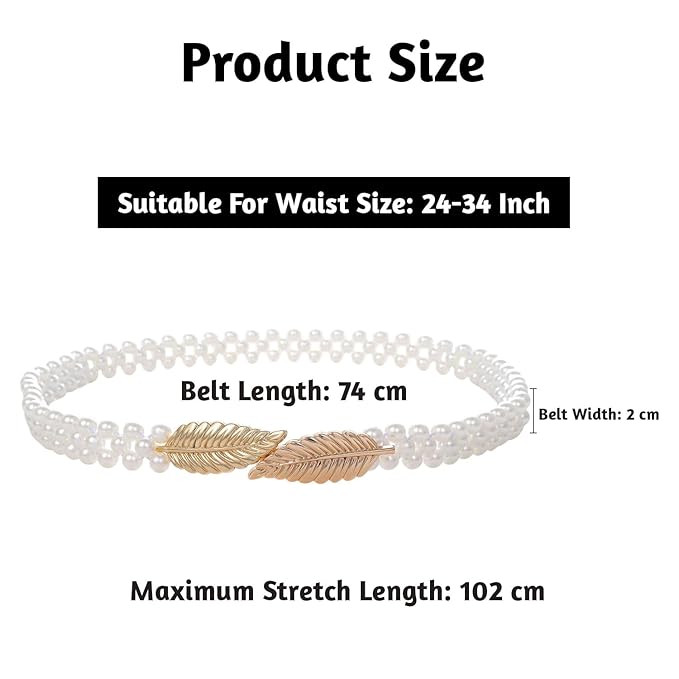SYGA Women's Pearl Waist Chain with Golden Leaf Buckle - Stretchable Kamarband Suitable Size for Waist 24-34 inch