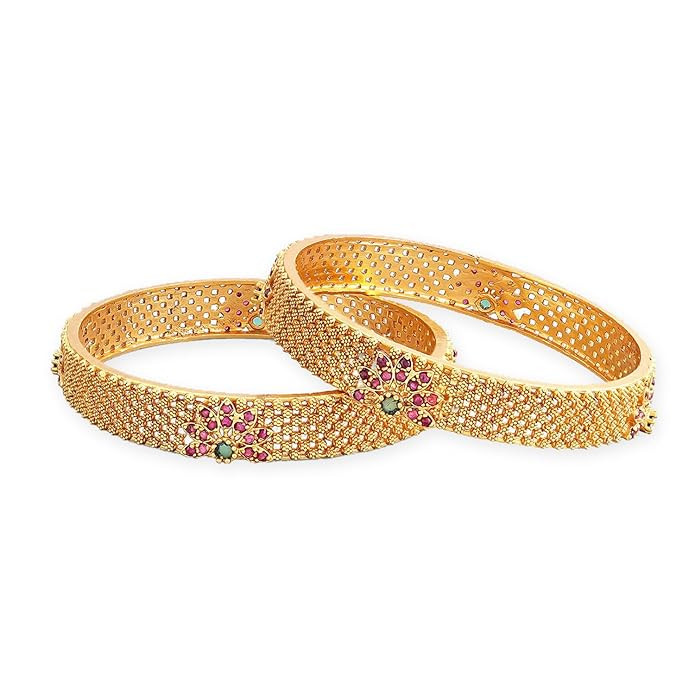 Rubans 22K Gold Plated Pink Green Stone Studded Bangle