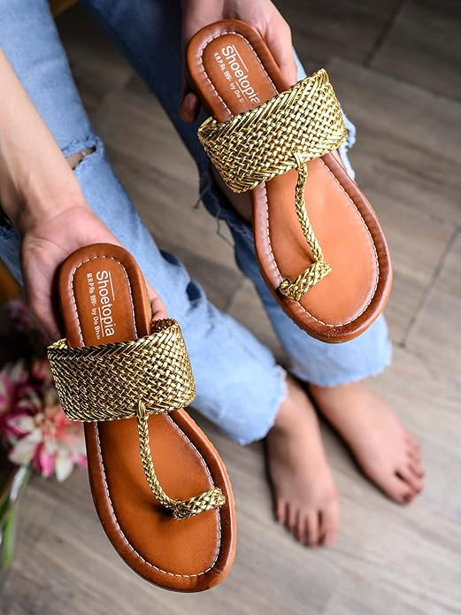 Shoetopia Women’s Kolhapuri Flats – Handwoven Bunai Sandals with Toe Loop | Ethnic Slip-On Chappals for Casual & Festive