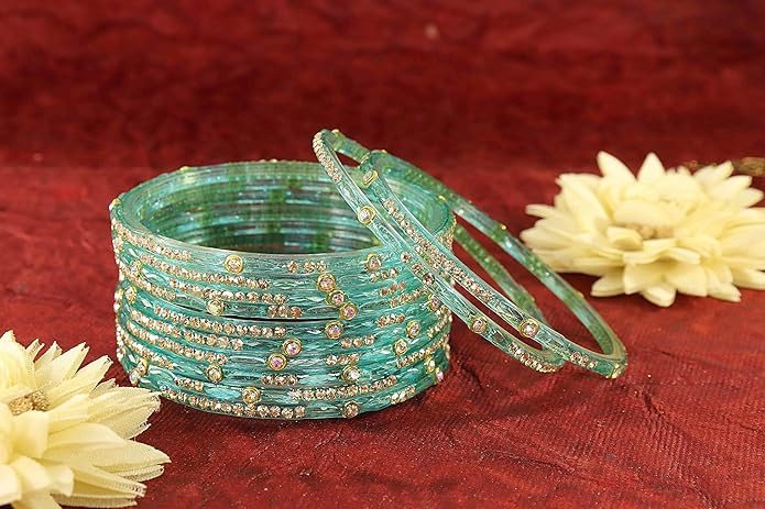 LAVAZZA Latest Glass Bangles Set with Golden Zircon Diamond & Beads Work For Women & Girls | Trending Transparent Glass Bangles | Stylish Chudi Set | Traditional Girl's Bangles Bracelet- Set of 12