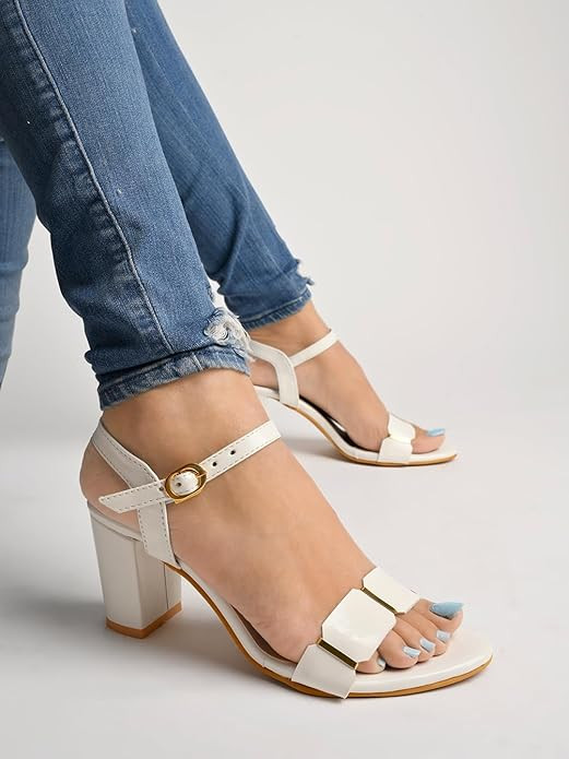 Shoetopia Elegant Heeled Sandals for Women ||Ankle Strap Chunky Block Heels with Gold Accent – Open Toe Dress