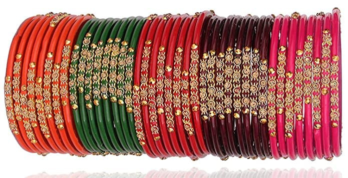 NMII Glass with Zircon Gemstone and Beads Studded Glossy Finished Bangles Set for Women and Girls