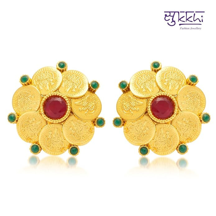 Sukkhi Wavy Laxmi Temple Coin Gold Plated Set of 2 Pair Earring Combo For Women
