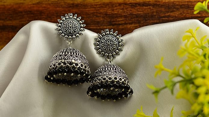 Oxidised Jhumka Earrings Silver Afghani Antique Floral Design Jhumki Pearl Drop Traditional Jewellery for Women and Girls
