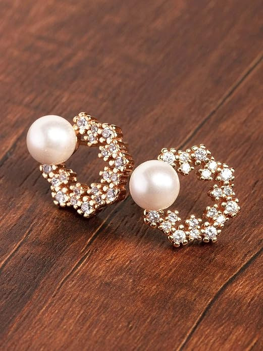 Zaveri Pearls Enchanting Gold Tone Floral Cubic Zirconia & Pearl Stud Earring For Women-ZPFK9456