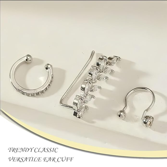 3 Pcs Earcuffs for Women Fashion, Silver Ear Cuff Earrings Set, Earrings for Women Stylish, Trendy Ear Cups Jewellery, Gift for Teen Girls, Young Women, Fashion Enthusiasts