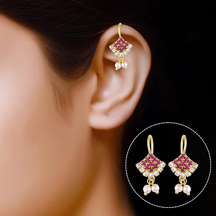 VFJ VIGHNAHARTA FASHION JEWELLERY Tradition Bugadi,Bugdi,Gold Plated Copper Alloy Artificial Stones & Pearls Work Press Bugadi Earrings Valentine Day For Her For Him For Women's [Vfj1030Bugadi-Pink]