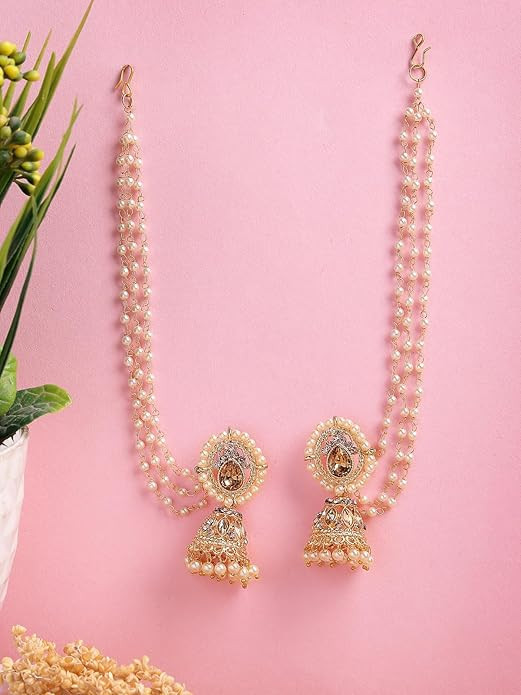 Sukkhi Fashion-Forward Ethnic 18k Gold Plated with Kundan & Pearls Studded Long Earchain with Jhumka/Jhumki Earring Jewellery For Women & Girls|E107335