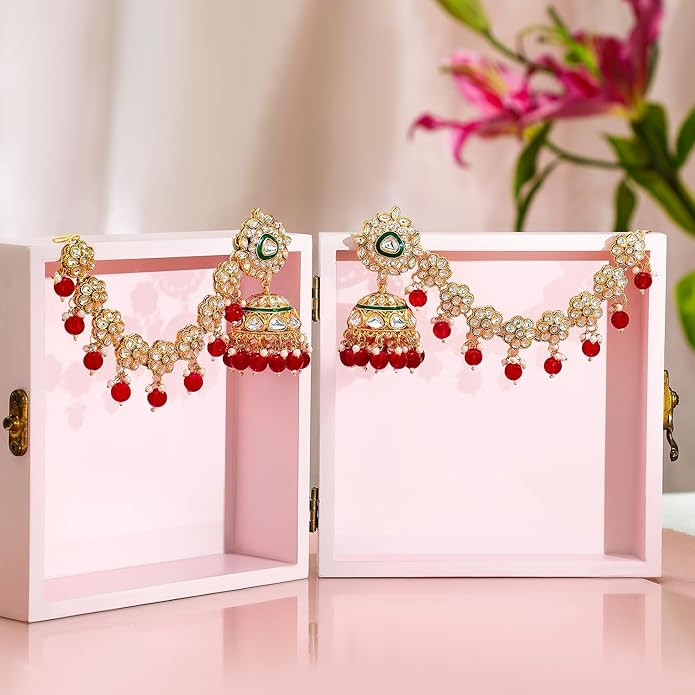 Rubans 22K Gold-Plated Kundan Studded Kan Chain Earrings with Beads & Green Enamel Detailing - Long Ear Chain Earrings for Women and Girls