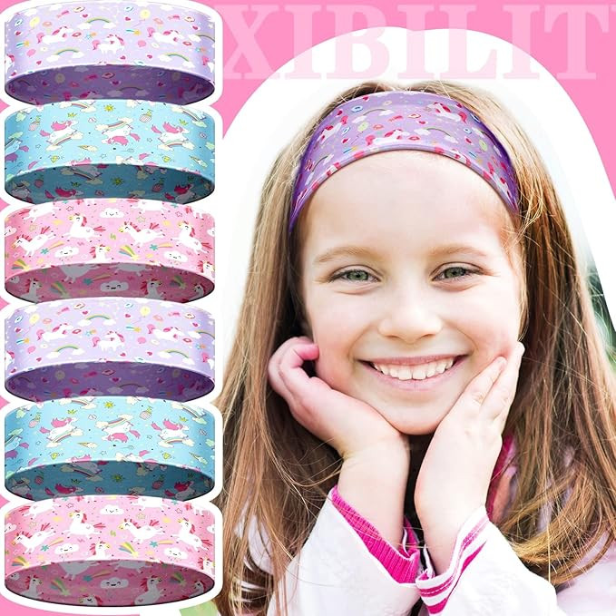 SNOWIE Soft® 6Pcs Unicorn Elastic Sports Hair Band for Girls Kids,Fashion Cartoon Sport Sweat Band for Girls Moisture-Wicking Stretchy Head Sweatband Kids