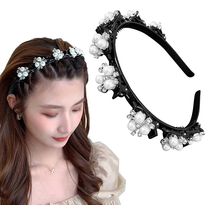 Styling Braided Double Layer Twist Plait Headband With Elegant Flower Alligator Clips Chic Pearls And Rhinestones Headband For Women & Girls, Bridal Hair Accessories (Pack Of 1)