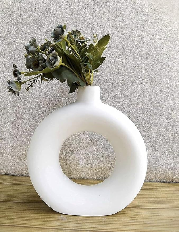 SPHINX White Ceramic Donut Vase, 6 Inch Modern Flower Vase for Pampas Grass, Dried Flowers, Home & Office Decor, Centerpiece, Handcrafted Gift Vase Only