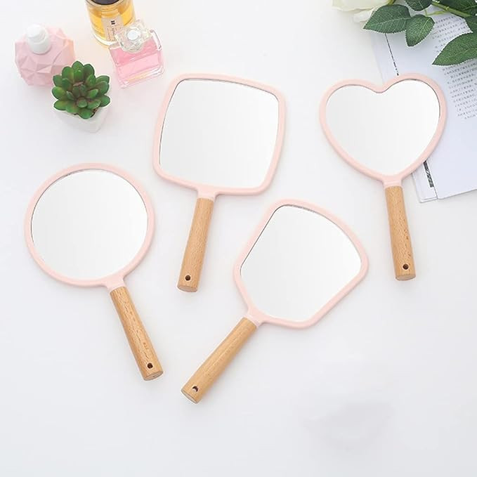 Trifecta Single-Sided Portable Travel Handheld Vanity Mirror with Hanging Hole in Handle Hand Mirror with Comfy Handle for Makeup,Small Cute Wood Hand Mirror(Square, Pink Pack of 1)