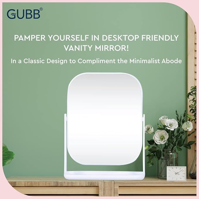 GUBB Plastic Desktop Friendly Vanity Mirror Travel-Friendly,Adjustable,Water Proof,Durable,Lightweight,Perfect Accessory For Bathroom & Bedroom Desk,Tabletop Makeup Mirror(Rectangular,Silver)Unframed