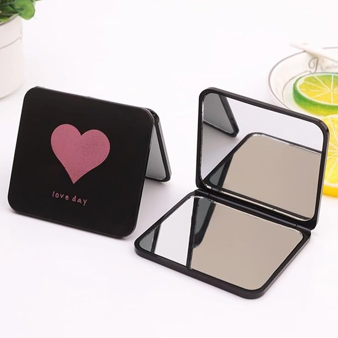 Mockery Acrylonitrile Butadiene Styrene (ABS) Travel Makeup Mirror,Handheld Folding Compact Mirror,Compact Mirror For Purses Travel For Women Girls-Heart Style (Black,1Pcs,Tabletop Mount,Framed)
