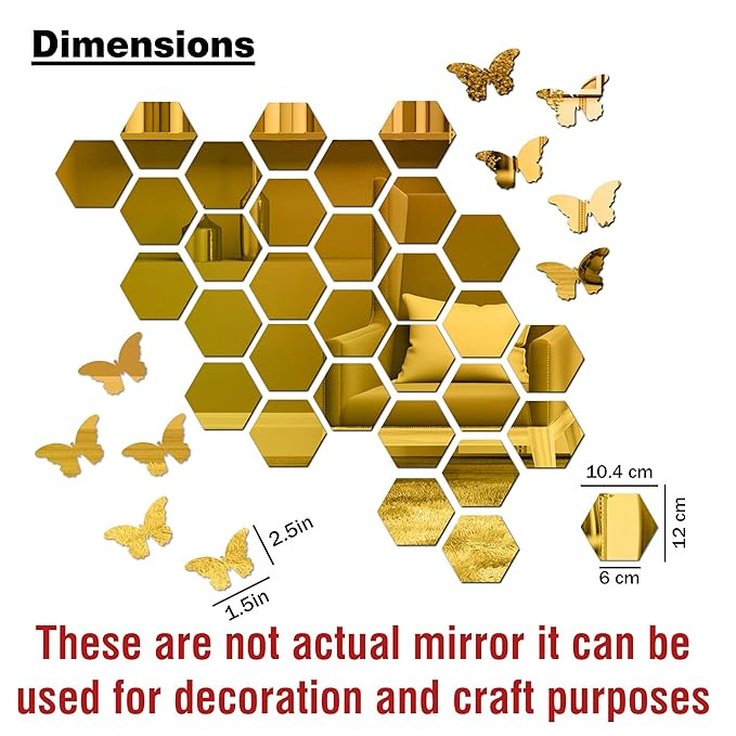 Hexagonal Mirror with Butterfly Wall Sticker, Golden Glass Stickers for Mosaic Decoration, Acrylic Home Mirror Wallpaper | 30 Hexagons and 10 Butterfly (30 Golden Hexagons & 10 Butterly)