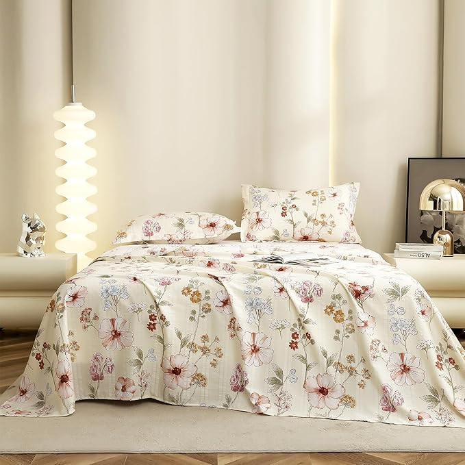 Story@Home King Size Bedsheet | Cloud Cotton Flatsheet King Size with Two Pillow Covers| 300 TC | Super Soft Bed Sheet for King Size Bed | Floral Design (270 x 250 cm, Off White & Red)