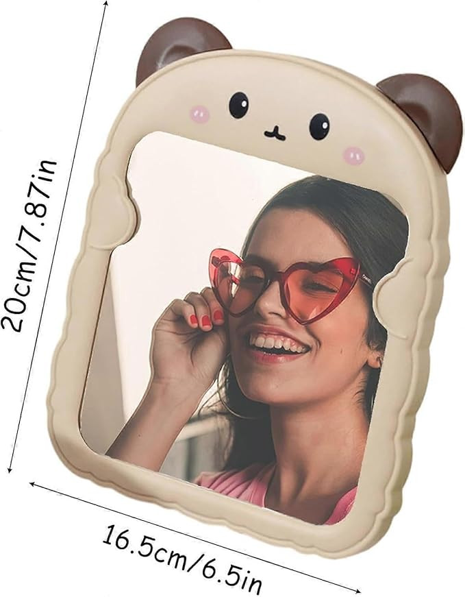 Spooky Cute Makeup Mirror Cartoon Bear Mirror for Desk, Desktop Mirror with Stand for Girls, Kids, Hanging Vanity Makeup Mirror for Bedroom, Bathroom, Office, Dressing Room (A-Brown)