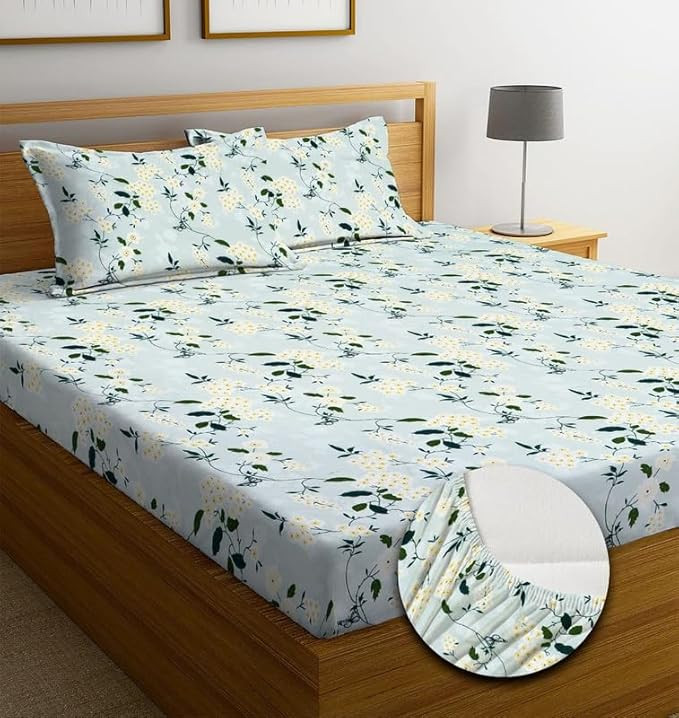 NEW LEAF Premium Cotton Elastic Fitted Bedsheets with 2 King Size Pillow Covers Double Bed with All Around Elastic Supersoft Size - 72 x 78 +10 inches Floral Pattren Aqua and Green 200 tc - 220 tc