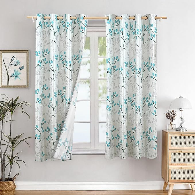 Amazon Brand - Solimo Polyester 75% Blackout Leaf Print Window Curtains|75% Room Darkening|5 Feet|Set of 2|Leaf Print Design|for Living Room Kids Room & Bedroom | Color- White& Blue| Light-Filtering