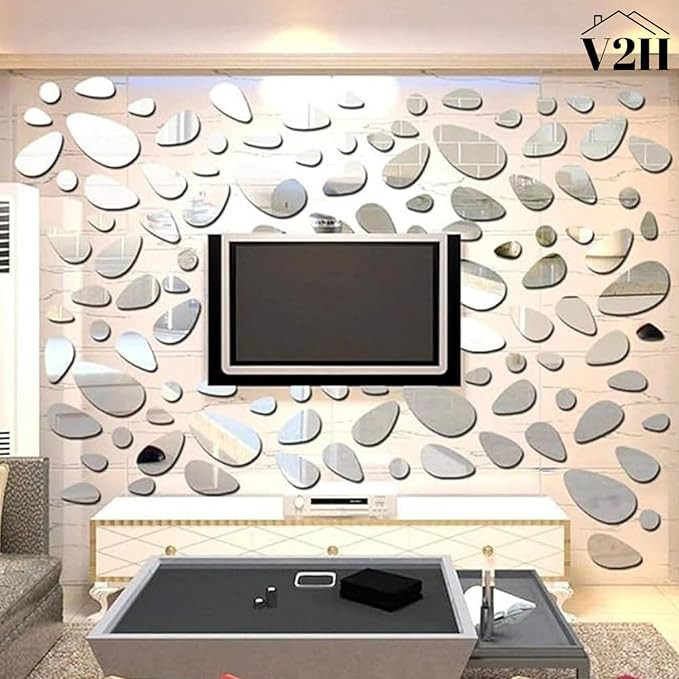 V2H 20Pcs Irregular Geometric Cobblestone Pattern Mirror Wall Sticker Self-Adhesive Detachable Colored Acrylic Mirror Wall Decals for Home, Living Room, Bedroom, Hotel, Restaurants, Cafe Decor, Silver