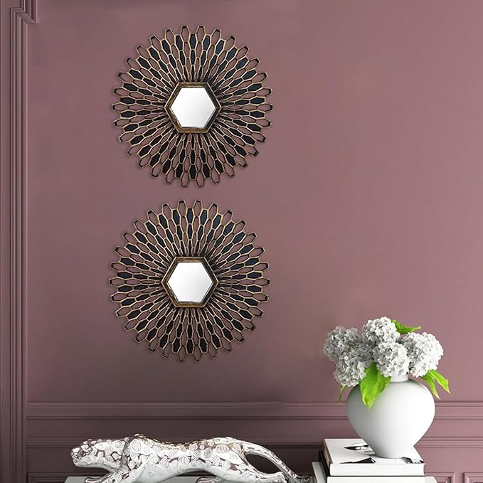 Art Street Decorative Wall Framed Mirror for Living Room Set of 2 Round Gold & Black, Wall Hanging Mirrors for Living Room Decoration (10 X 10 Inchs)