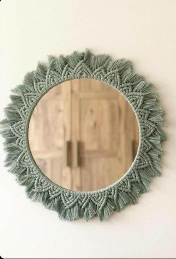 Metal | Handmade Cotton Macrame Round Wall Hanging Mirror with Boho Fringes, Bohemian Art Decorative Aina for Make-Up, Dressing, Living Room, Bedroom, Off-White, Dia 18 Inches, Style 39