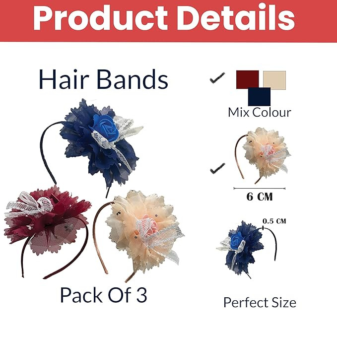TEMPERIA (3pcs) Hair Accessories for Girls - Hair Band for Girls Kids - Cute, Stylish & Fancy Hairband Headband Head Band (Random Colors) (MN01)