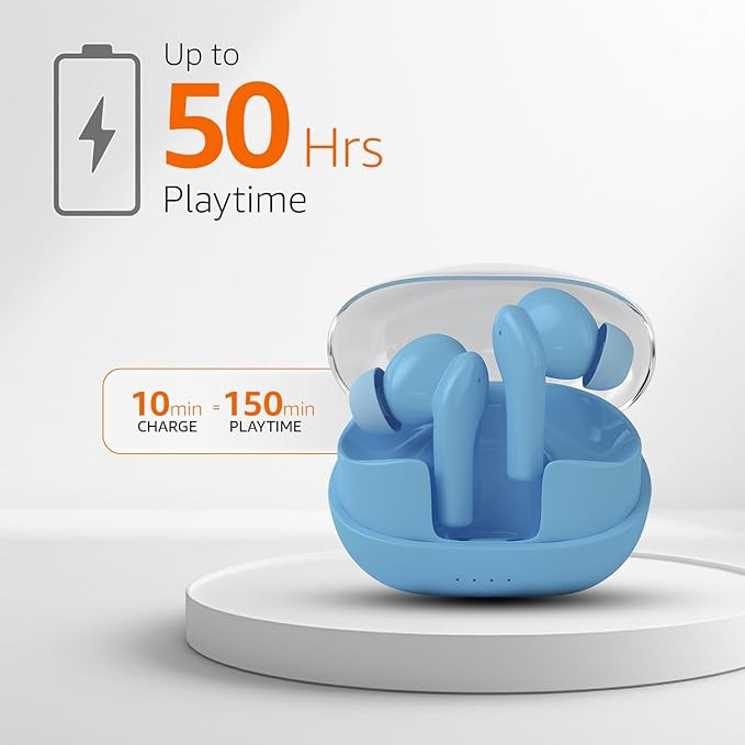 amazon basics TWS in-Ear Earbuds (P50) with Fast Charging up to 50 Hours of Playtime | Dual 10mm Driver | IPX4 Water-Resistance | Bluetooth 5.3 | Quad Mic with ENC | Touch Control (Light Blue)