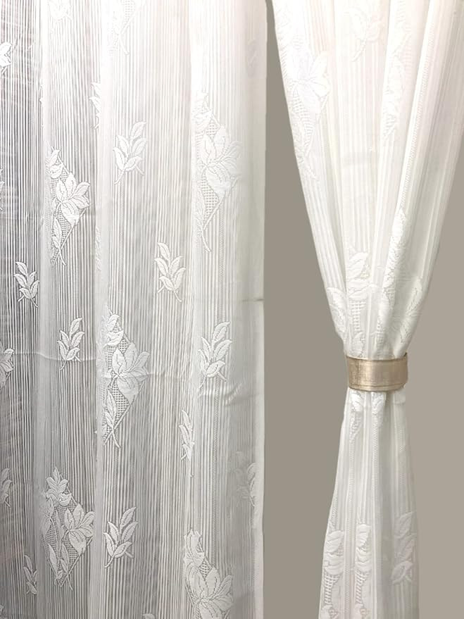 Floral Net Semi Transparent Window Semi Sheer Grommet Curtains 5 Feet Set Of 2, White