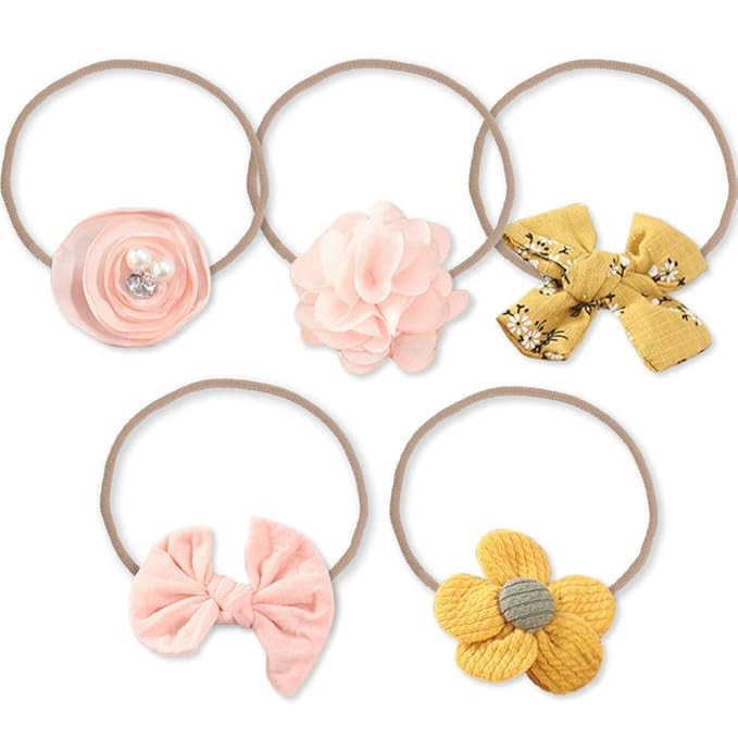 Baby Hair Band 5 Pcs Hairband For Baby Girl Flower Hairband For New Born Baby Girl 0-6 Months (Yellow + Pink)