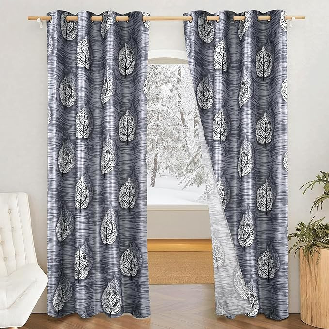 Amazon Brand - Solimo Polyester 75% Blackout Leaf Print Window Curtains|75% Room Darkening| 5 Feet |Set of 2| Leaf Print Design | for Living Room Kids Room and Bedroom | Color- Grey| Light-Filtering