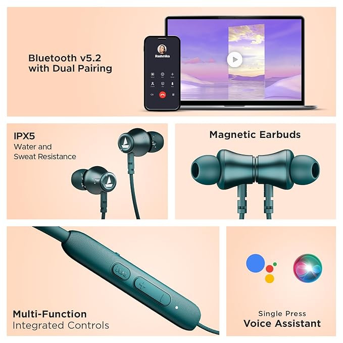 boAt Rockerz 245 v2 Pro, 30h Battery, ENx Tech, Fast Charge, Dual Pairing, Magnetic Buds, USB Type-C Interface & IPX5, Bluetooth in Ear Neckband, Wireless with Mic Earphones (Teal Green)