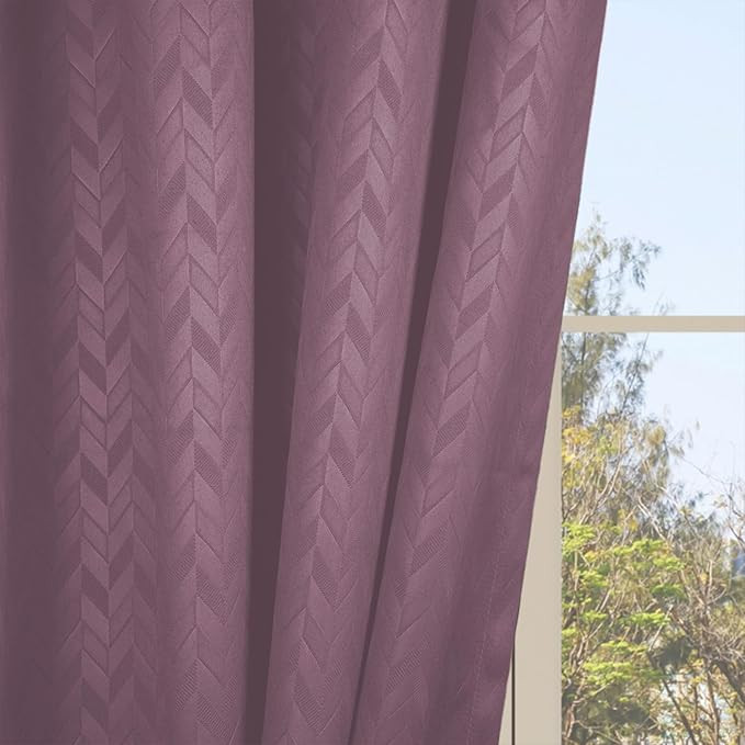 LINENWALAS 100% True Blackout Curtains 5 Feet Long - Set of 2 Panels, Herringbone Embossed Design Complete Light Block Thermal Insulated & Noise Reducing Room Darkening Curtains (Lilac)