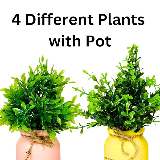 Dekorly Artificial Pot Flowers Small Fake Plants with Pot Mini Potted Plants for House Office Tabletop Decoration Indoor (Pack of 4)