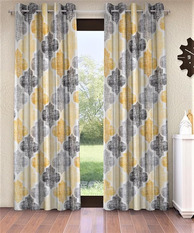 Home Sizzler 2 Piece Moroccan Motif Eyelet Glace Cotton Semi Sheer Window Curtains-5 Feet, Yellow, Eyelet, Grommet Curtains