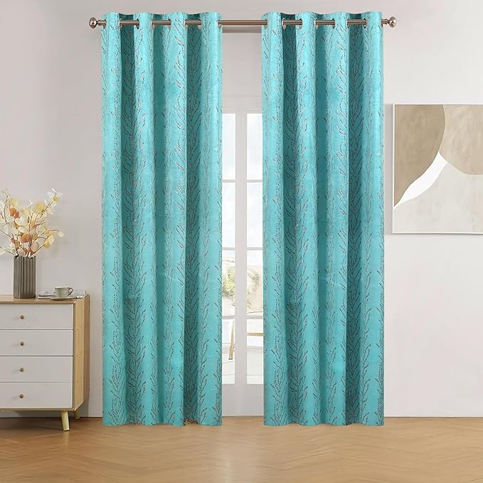 Amazon Brand - Solimo Polyester 75% Blackout Velvet Foil Window Curtains|Blackout Door Curtains|5 Feet |Set of 2|Leaf Print Design |for Living Room Kids Room and Bedroom |Blue|Light-Filtering
