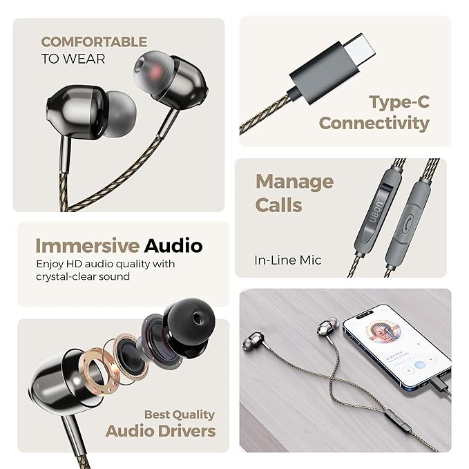 UBON B6 Wired in Ear Earphones with in-line Mic for Clear Calling, 10mm Dynamic Drivers for Boosted Bass, 3.5mm Jack, Multi-Functional Controller (Black)