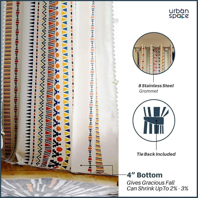 Urban Space Abstract Bohemian Decorative Curtain for Window,100% Cotton Curtain 5 Feet Long,1 Piece Curtain with Tassels,60-65% Room Darkening Curtain with Tieback and Eyelets (Ikat Orange,5 Feet)
