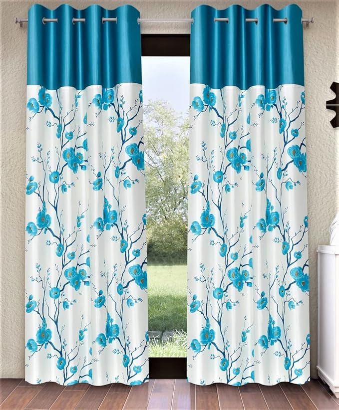 Fashion String 2 Pieces Solid Patch 3D Tulip Eyelet Polyester Window Curtains - 5 Feet, Aqua