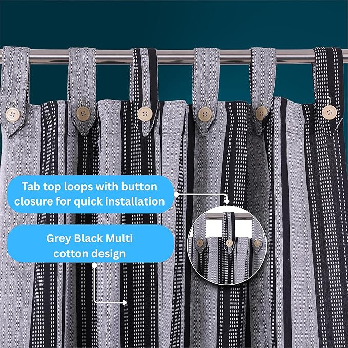 5 Feet Multi Striped CottonNon Blackout Light Filtering Semi-Darkening Easy Install Button Closure Type Tab Top Style Loop Window Curtain, Grey Black Multi, Pack of 2