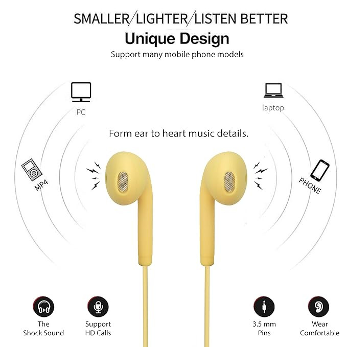 Hitage EB-13 Stereo Color Bass Series Earphone Wired Headset (Yellow, in The Ear)